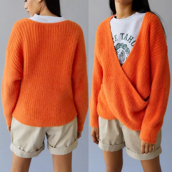 NEW Urban Outfitters Orange Kane Wrap Soft Fuzzy Knit Cozy Sweater $69 M or L - Picture 2 of 9